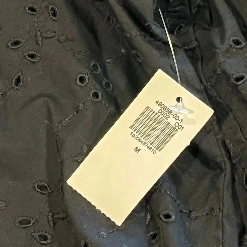 NWT Old Navy Ruffle Neck Black Eyelet Button Down Shirt Top Womens size medium